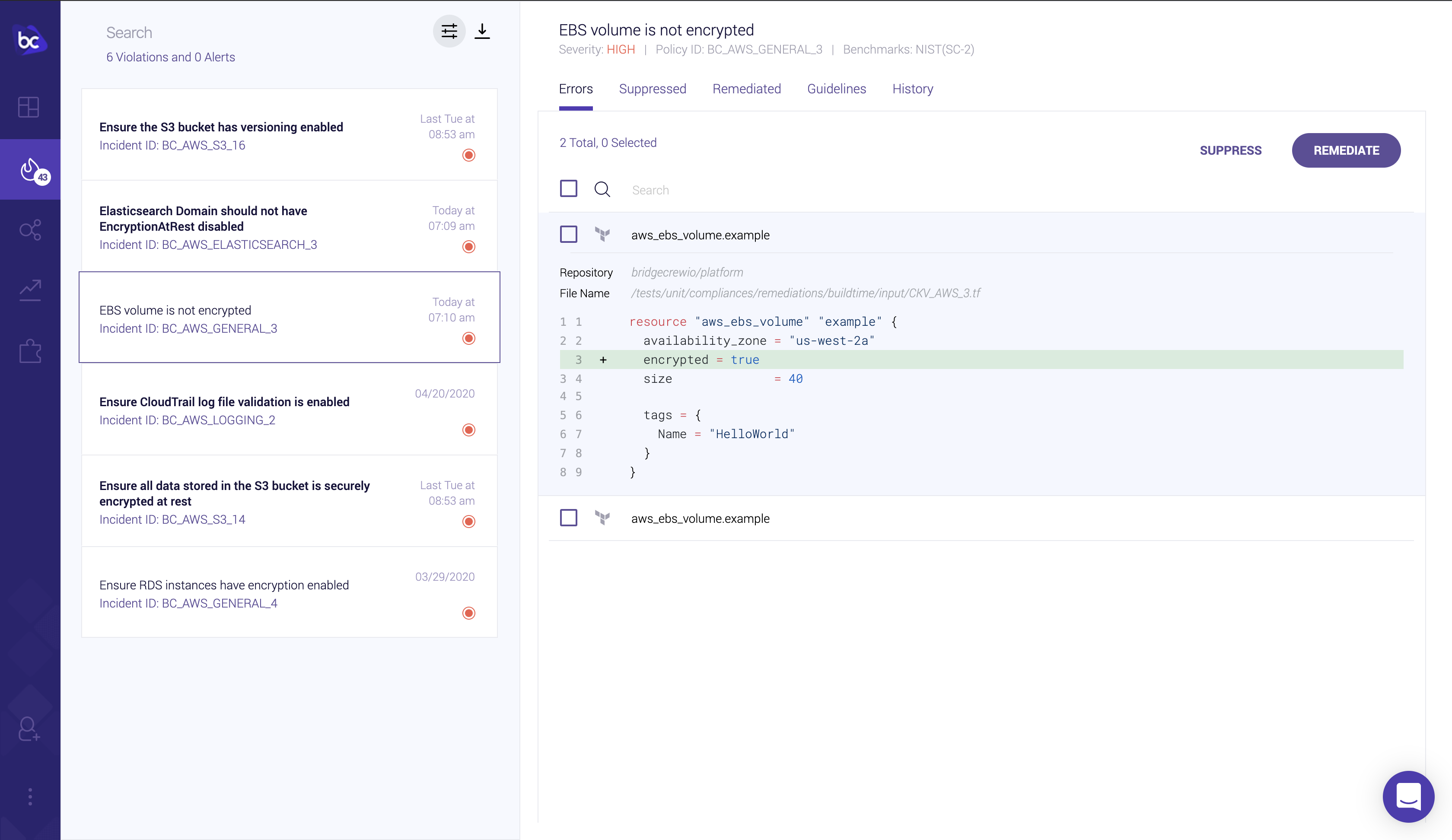 Bridgecrew Incidents screen